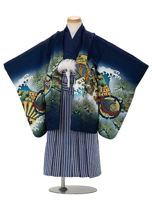 かんたん七五三レンタル(3歳4歳男児袴) 紺兜×青縞袴 Y192