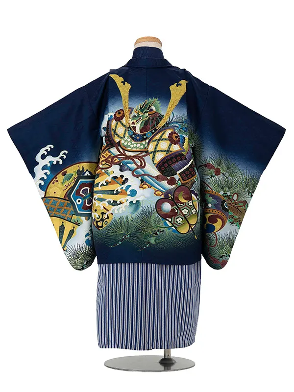 かんたん七五三レンタル(3歳4歳男児袴) 紺兜×青縞袴 Y192