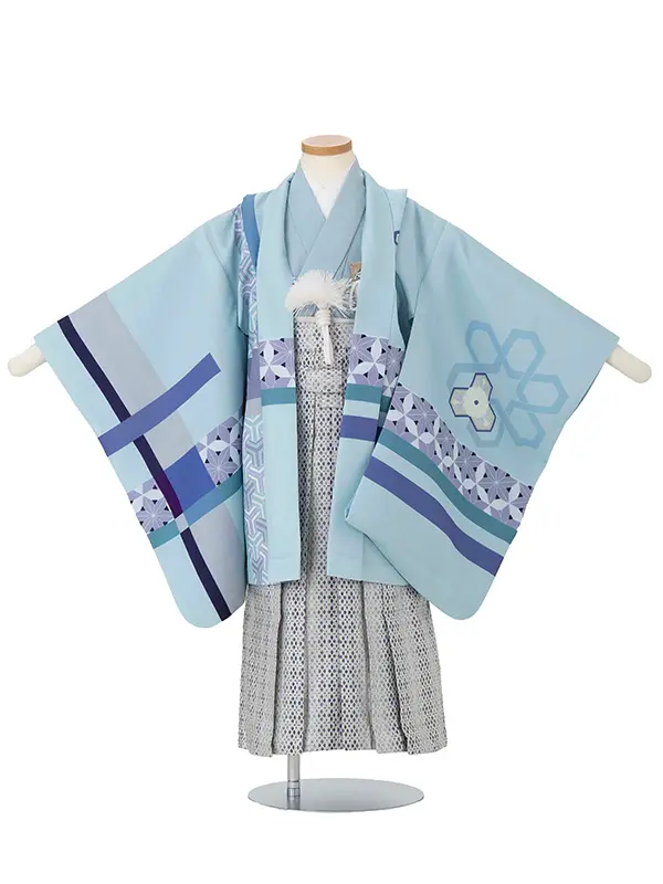 かんたん七五三レンタル(5.6歳男児袴) ／水色　幾何学模様×グレー袴 Y193