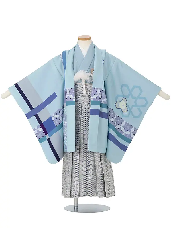 かんたん七五三レンタル(5.6歳男児袴) ／水色　幾何学模様×グレー袴 Y193