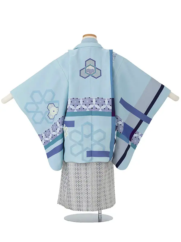 かんたん七五三レンタル(5.6歳男児袴) ／水色　幾何学模様×グレー袴 Y193
