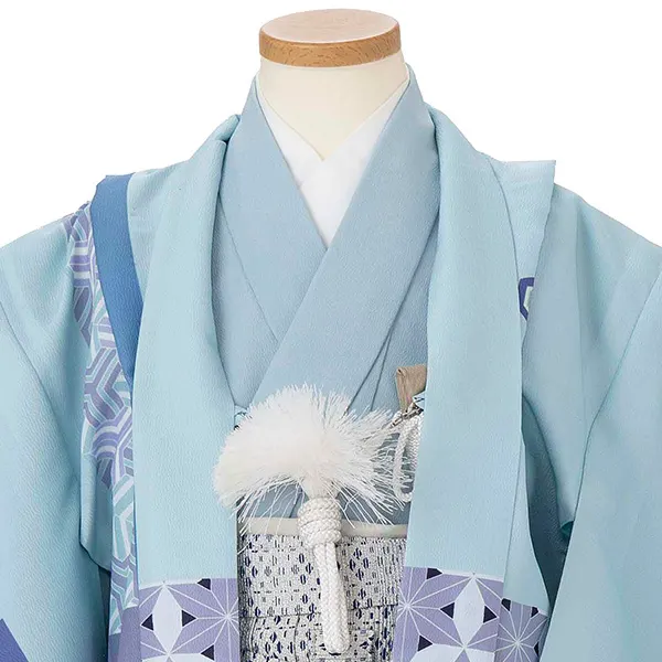 かんたん七五三レンタル(5.6歳男児袴) ／水色　幾何学模様×グレー袴 Y193