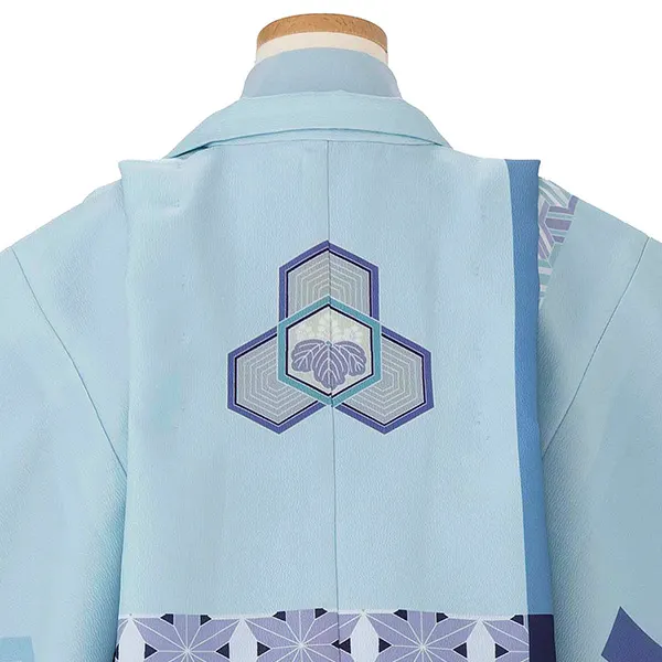 かんたん七五三レンタル(5.6歳男児袴) ／水色　幾何学模様×グレー袴 Y193