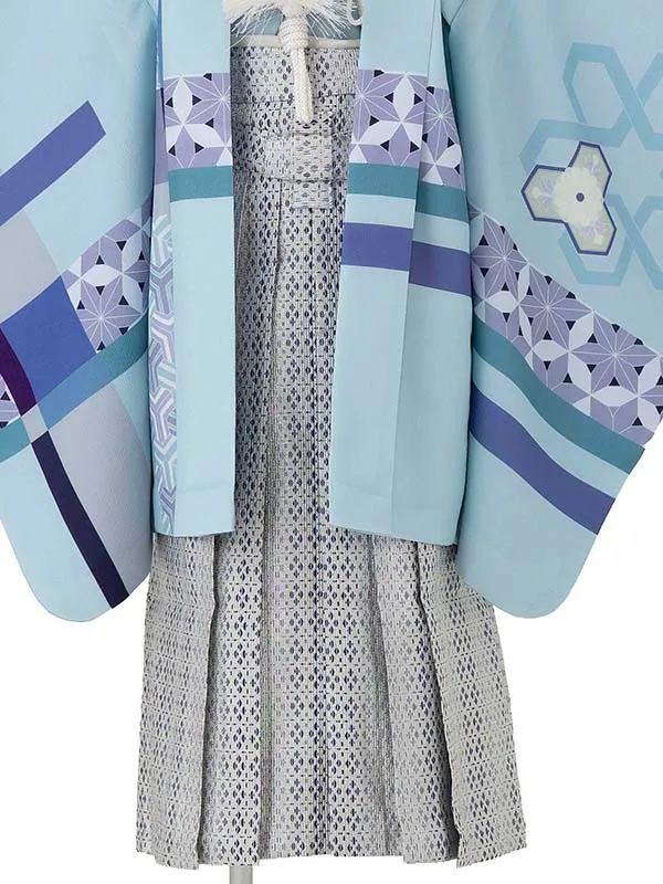 かんたん七五三レンタル(5.6歳男児袴) ／水色　幾何学模様×グレー袴 Y193