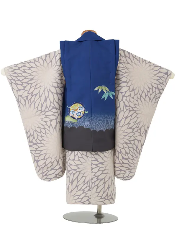 七五三レンタル(3歳男児被布) 青兜×ベージュ菊 Y195