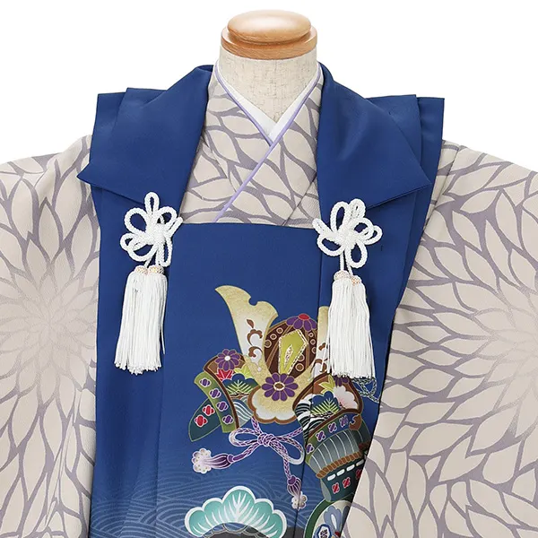 七五三レンタル(3歳男児被布) 青兜×ベージュ菊 Y195