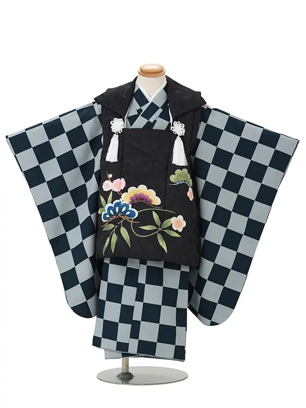 七五三レンタル(3歳男児被布)黒松×グレー市松 Y201