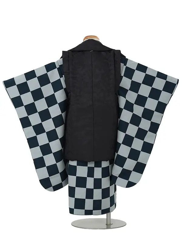 七五三レンタル(3歳男児被布)黒松×グレー市松 Y201