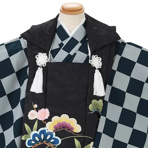 七五三レンタル(3歳男児被布)黒松×グレー市松 Y201