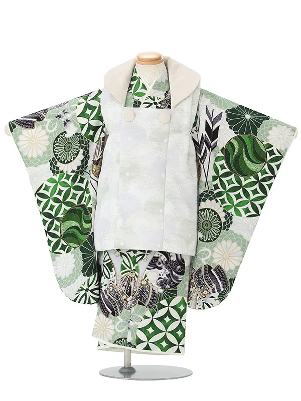 七五三レンタル(3歳男児被布)JAPANSTYLE／グレー×緑 菊に兜 Y203