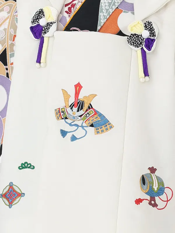 七五三レンタル(3歳男児被布)白兜刺繍×黒梅に扇面 Y204