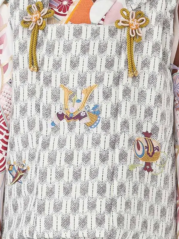 七五三レンタル(3歳男児被布)ベージュ兜×茶色梅に扇面 Y208