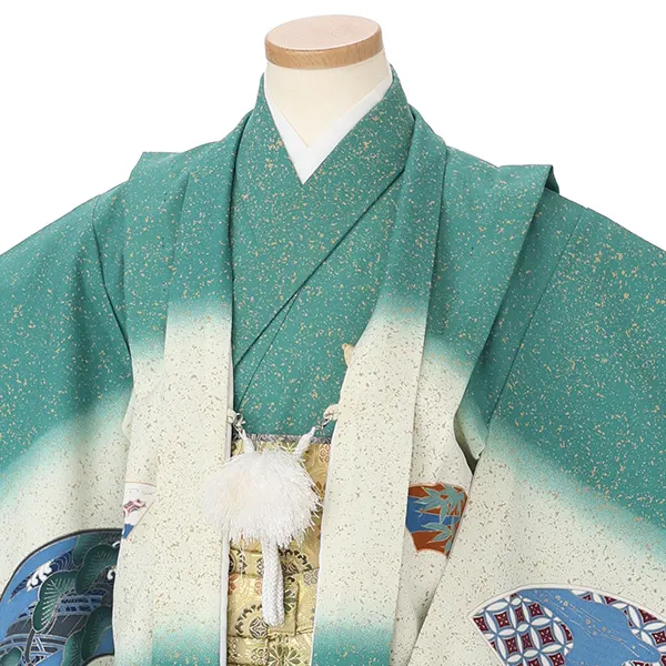 かんたん七五三レンタル(5.6歳男児袴) 緑兜×金蜀江紋袴 Y213