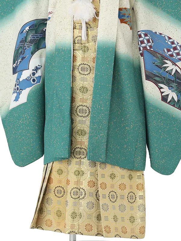 かんたん七五三レンタル(5.6歳男児袴) 緑兜×金蜀江紋袴 Y213