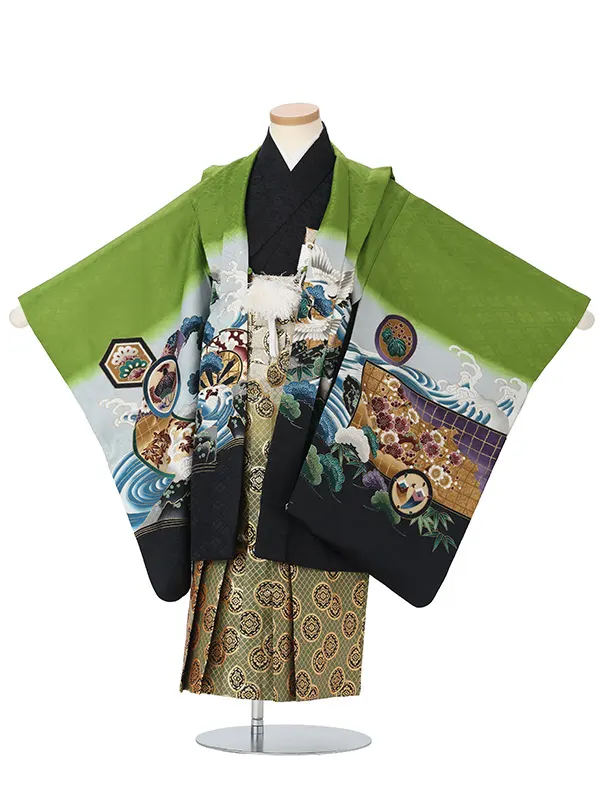 かんたん七五三レンタル(5.6歳男児袴)緑兜×緑金花菱袴 Y220