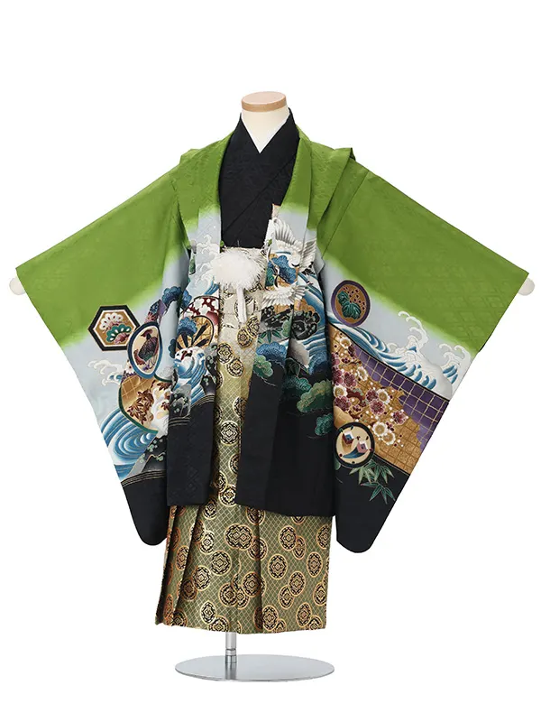 かんたん七五三レンタル(5.6歳男児袴)緑兜×緑金花菱袴 Y220