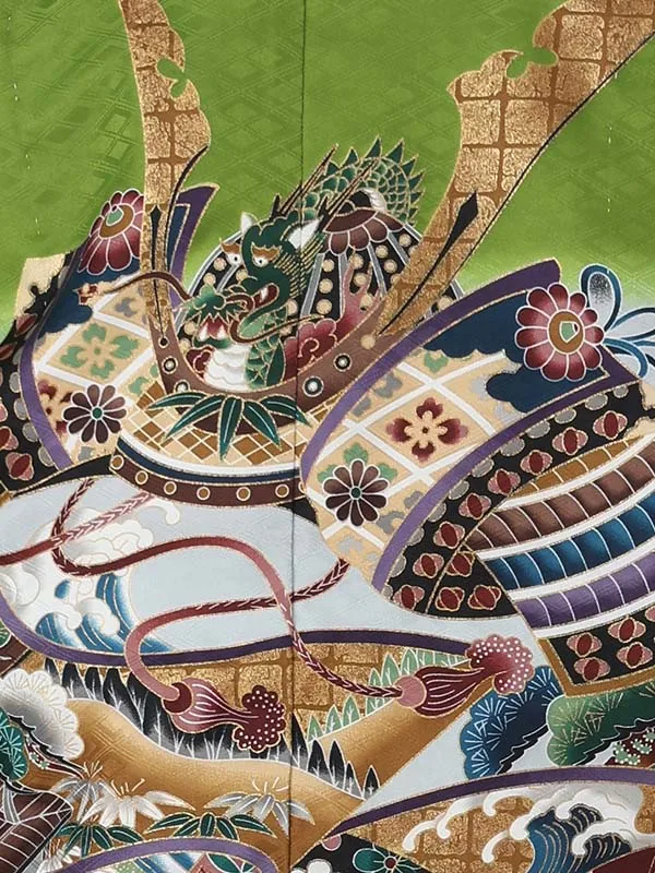かんたん七五三レンタル(5.6歳男児袴)緑兜×緑金花菱袴 Y220