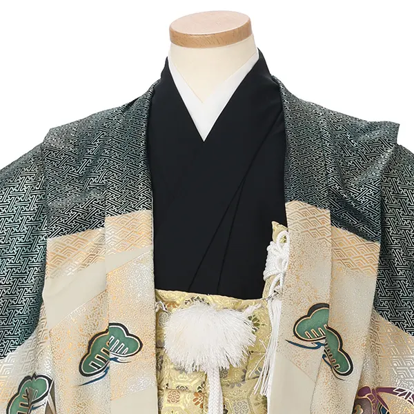 かんたん七五三レンタル(5.6歳男児袴)緑兜×金蜀江紋袴 Y224