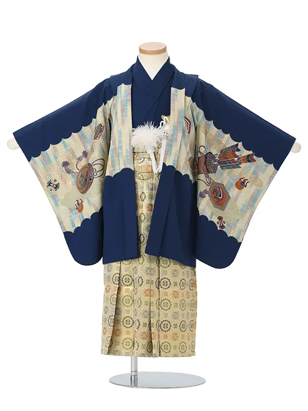 かんたん七五三レンタル(4.5歳男児袴)紺兜に矢×金蜀江紋袴 Y227