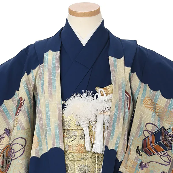 かんたん七五三レンタル(4.5歳男児袴)紺兜に矢×金蜀江紋袴 Y227