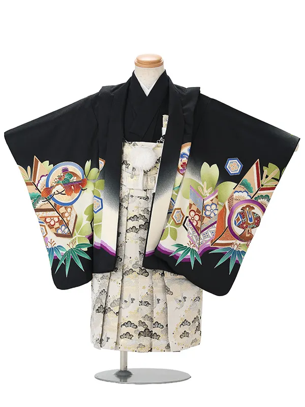かんたん七五三レンタル(3.4歳男児袴)黒兜×銀松袴 Y229