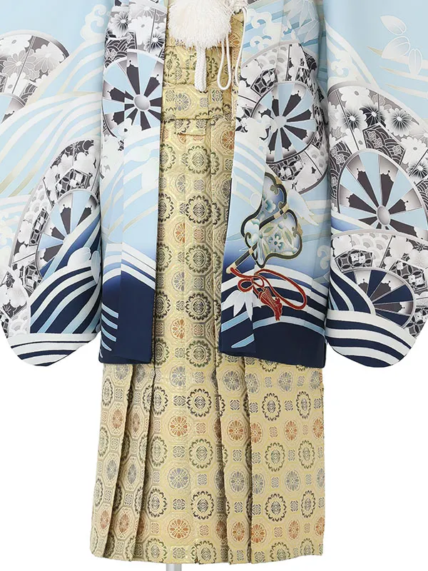 かんたん七五三レンタル(5.6歳男児袴)水色兜に太刀×金蜀江紋袴 Y232