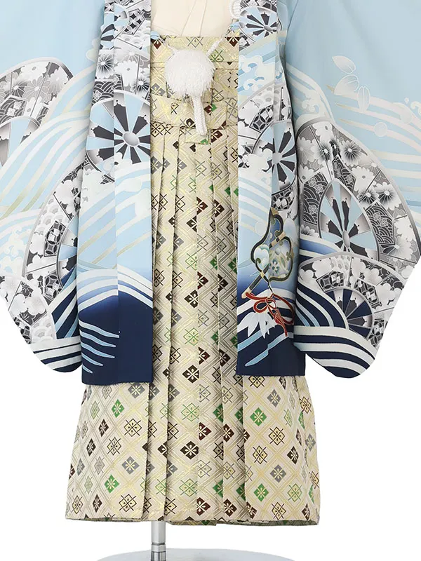 かんたん七五三レンタル(5歳男児袴)水色鷹×金業平菱袴 Y233