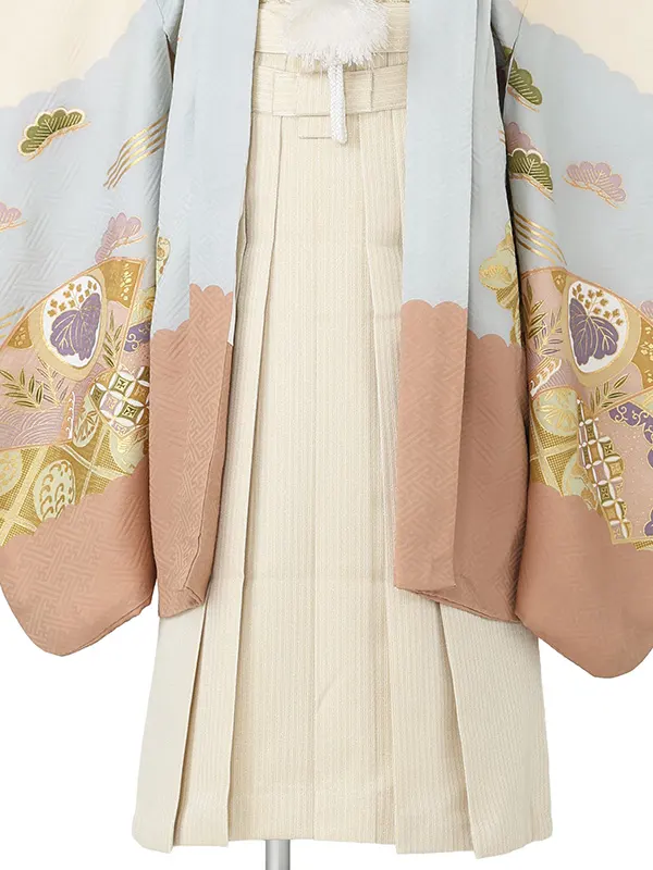 【正絹】かんたん七五三レンタル(5.6歳男児袴)ベージュ鷹×縞袴 Y245