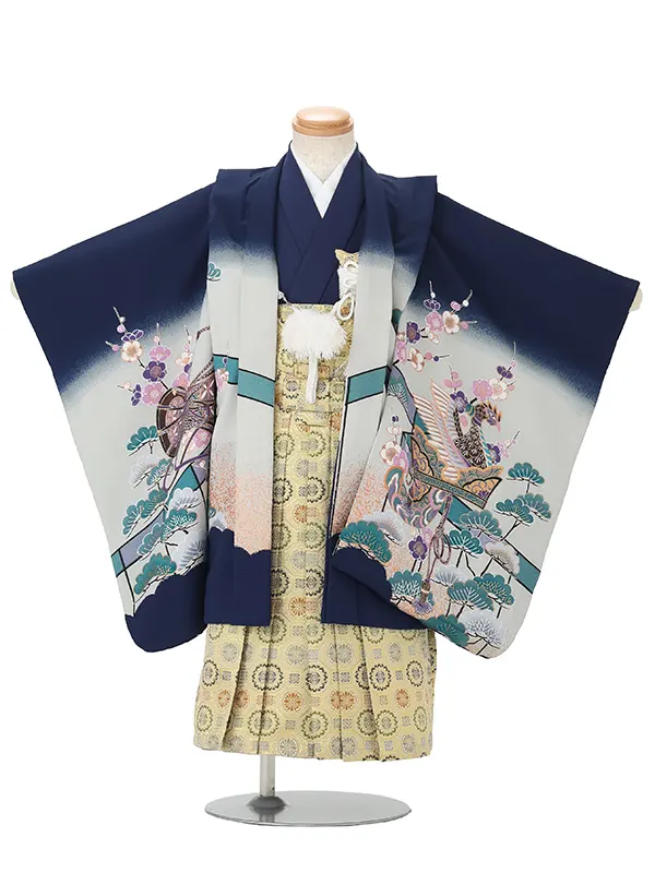 かんたん七五三レンタル(3.4歳男児袴)紺鷹梅×金蜀江紋袴 Y248