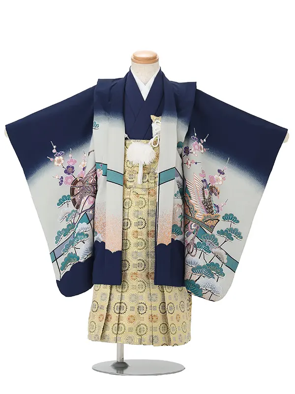 かんたん七五三レンタル(3.4歳男児袴)紺鷹梅×金蜀江紋袴 Y248