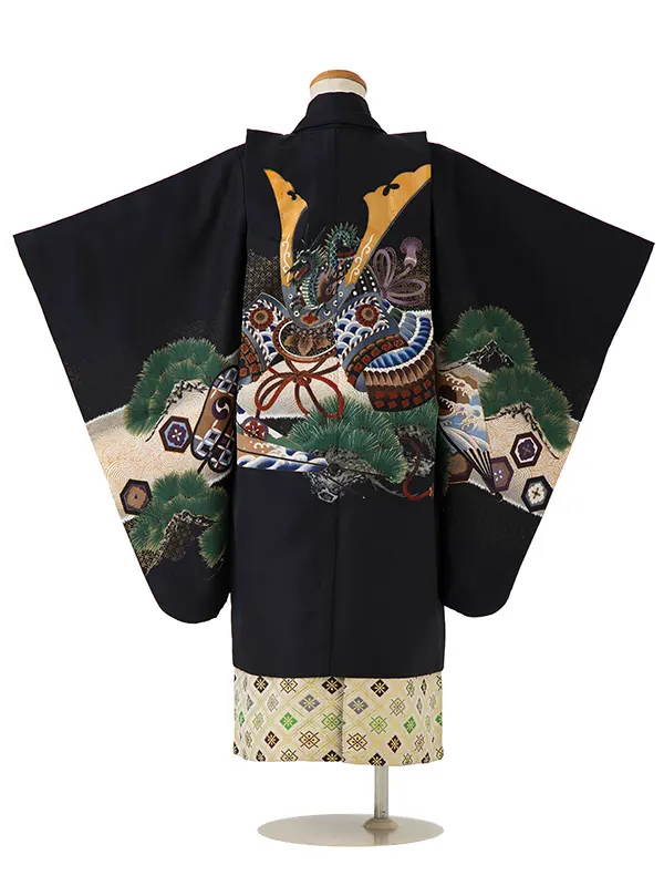 かんたん七五三レンタル(4歳5歳男児袴)／黒兜松×金業平菱袴 Z005