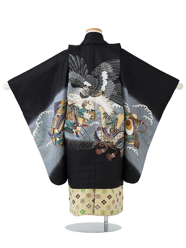 かんたん七五三レンタル(4歳5歳男児袴)／黒鷹小槌×金業平菱袴 Z012