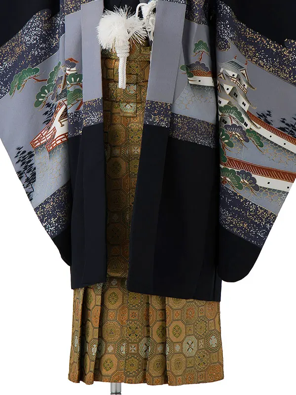 かんたん七五三レンタル(4歳5歳男児袴)／黒武士城×金蜀江紋袴 Z071