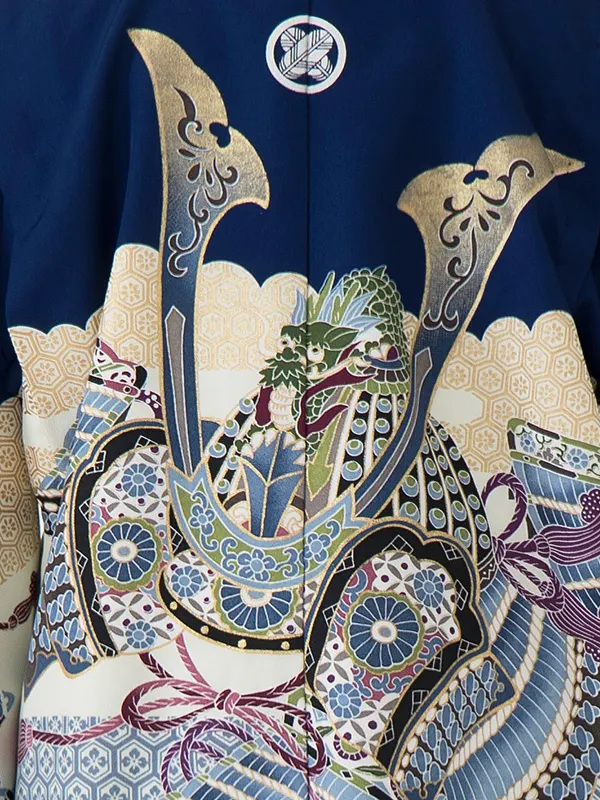 かんたん七五三レンタル(5歳6歳男児袴)／紺兜亀甲×青縞袴 Z093