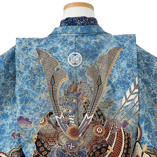 かんたん七五三レンタル(4歳5歳男児袴)／水色兜御所車×金業平菱袴 Z107