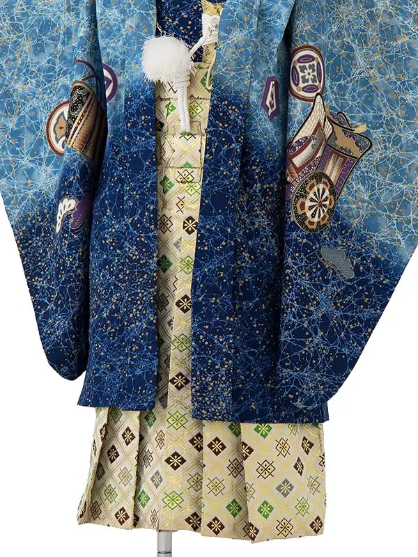 かんたん七五三レンタル(4歳5歳男児袴)／水色兜御所車×金業平菱袴 Z107