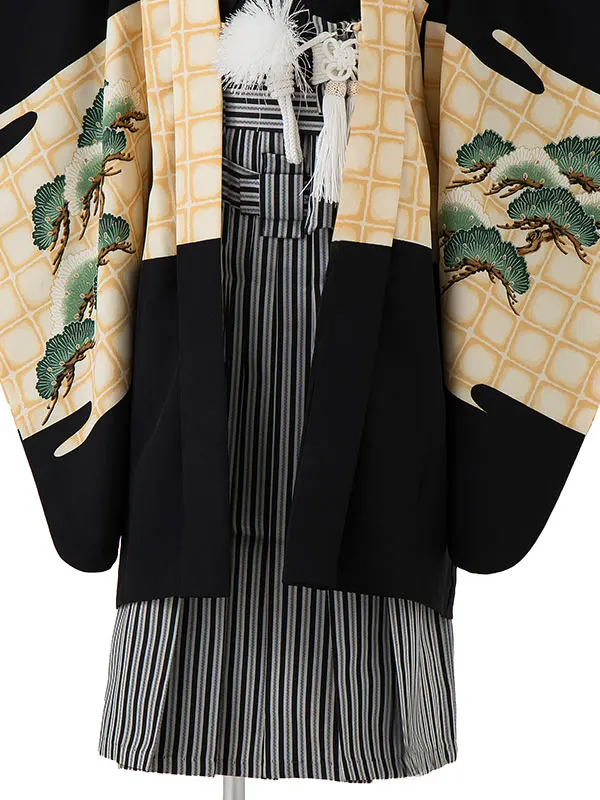 かんたん七五三レンタル(4歳5歳男児袴)／黒鷹松×黒縞袴 Z191