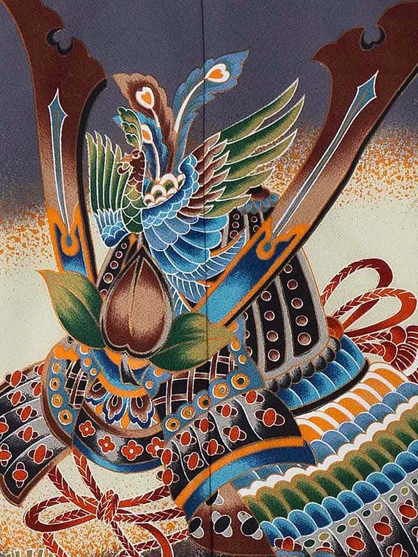 かんたん七五三レンタル(5歳6歳男児袴)／グレー兜松×黒縞袴 Z347