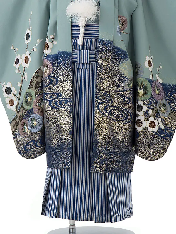 かんたん七五三レンタル(4歳5歳男児袴)／緑兜梅×青縞袴 Z349