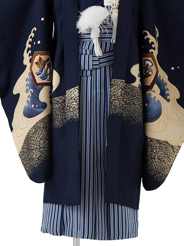 かんたん七五三レンタル(4歳5歳男児袴)／紺宝船松×青縞袴 Z455