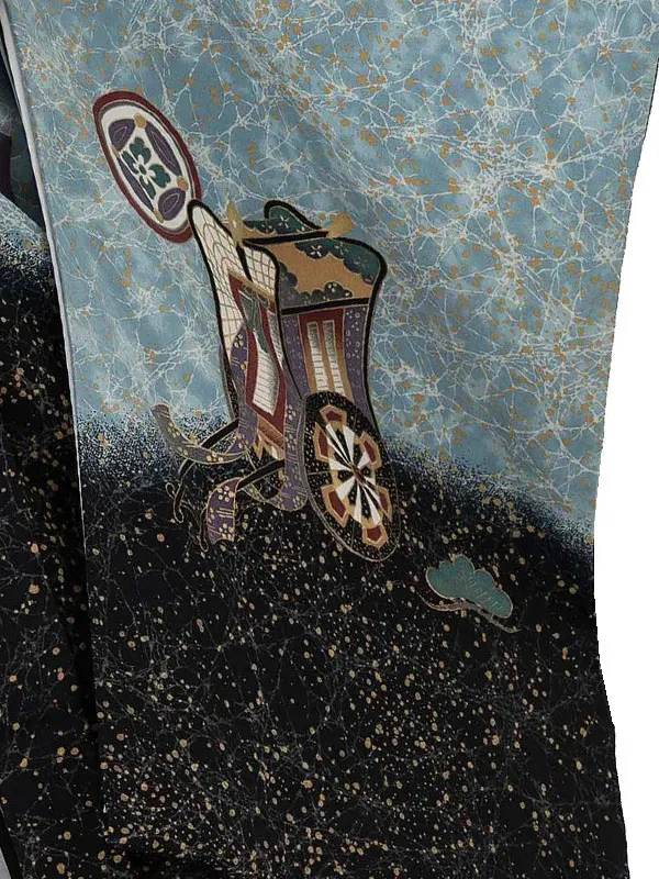 かんたん七五三レンタル(5歳6歳男児袴)／水色兜御所車×黒縞袴 Z456