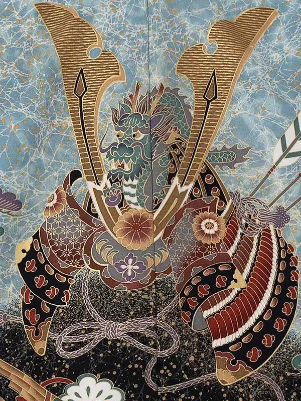 かんたん七五三レンタル(5歳6歳男児袴)／水色兜御所車×黒縞袴 Z456