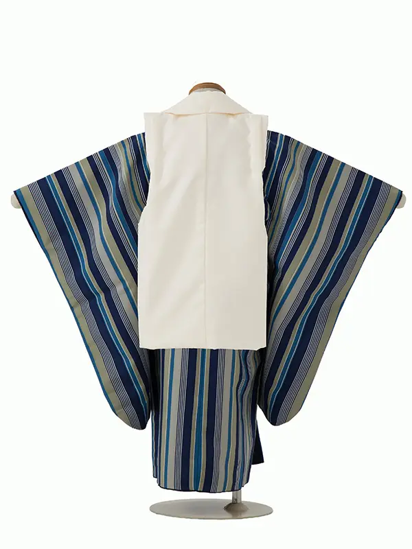 七五三レンタル(3歳男児被布)／ベージュ 兜×グレー青ストライプ Z459