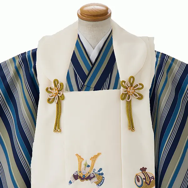 七五三レンタル(3歳男児被布)／ベージュ 兜×グレー青ストライプ Z459