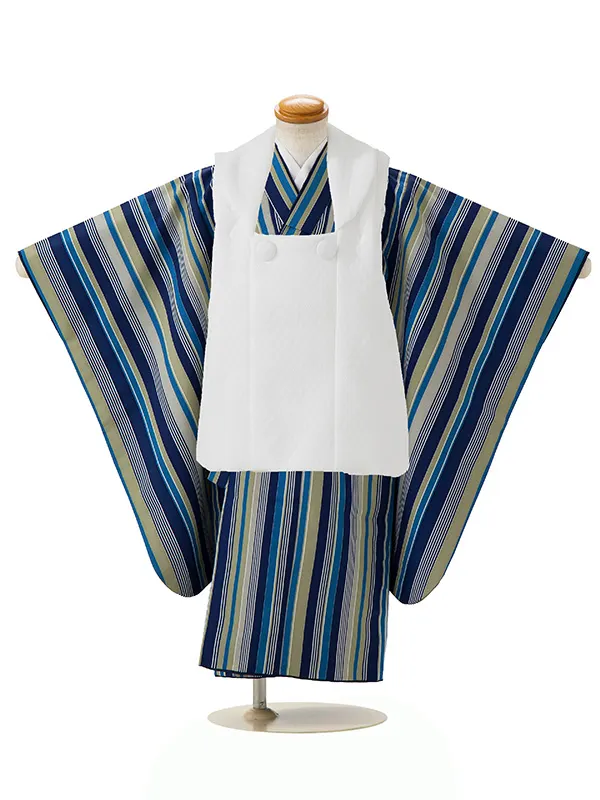 七五三レンタル(3歳男児被布)／白 格子×グレー青ストライプ Z459