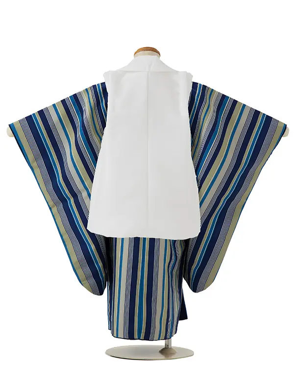 七五三レンタル(3歳男児被布)／白 格子×グレー青ストライプ Z459