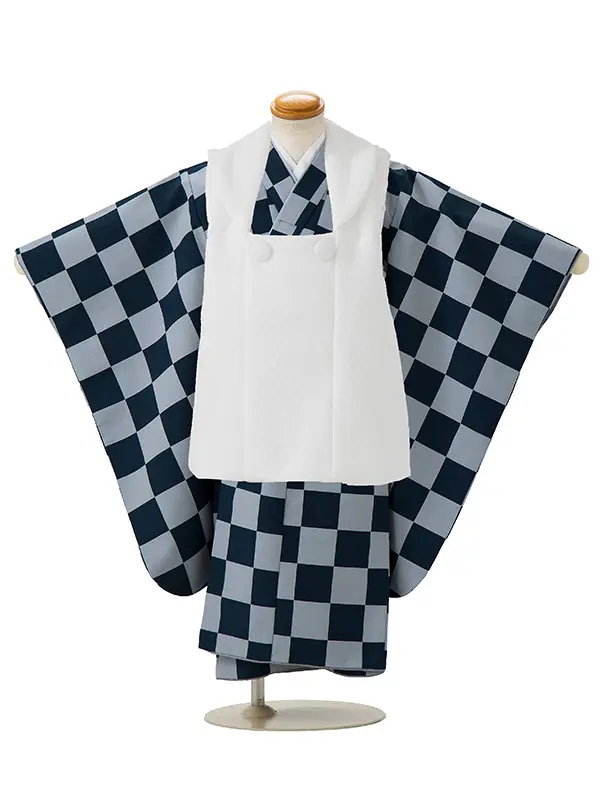 七五三レンタル(3歳男児被布)／白 格子×紺グレー市松 Z464