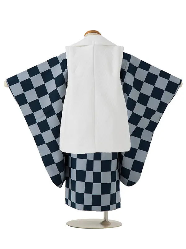 七五三レンタル(3歳男児被布)／白 格子×紺グレー市松 Z464
