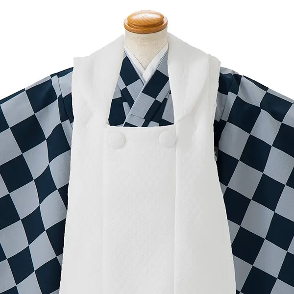 七五三レンタル(3歳男児被布)／白 格子×紺グレー市松 Z464