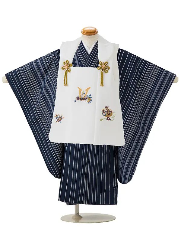 七五三レンタル(3歳男児被布)／白 兜×紺滝縞 Z570_1